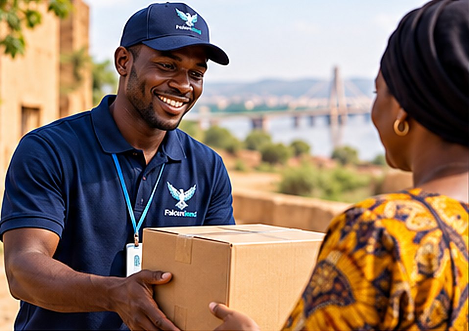 A FalconSend courier hands a parcel to a customer
